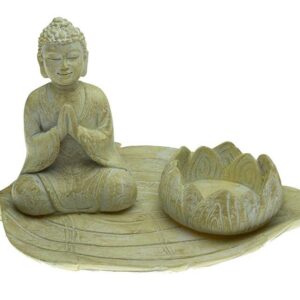 Candle Holder T-Light Buddha On Leaf 18X9.5cm. Poly resin