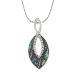 Tide Jewellery inlaid Paua shell oval twist pendant with inset glass stones, on 18" snake chain. Comes in Tide Jewellery presentation box with stand up insert. Pendant 39mm.