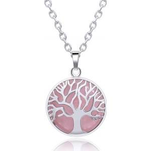 Tree of Life Rose Quartz Crystal Healing  Stone Pendant Necklace