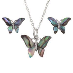 Tide Jewellery inlaid Paua shell butterfly pendant on 18" trace chain and matching stud earring set