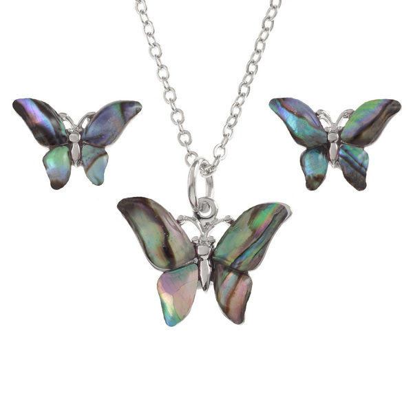 Tide Jewellery inlaid Paua shell butterfly pendant on 18" trace chain and matching stud earring set