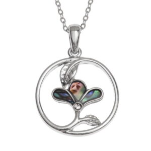 Tide Jewellery inlaid Paua shell circled three petal flower pendant