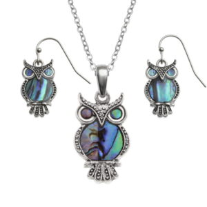 Tide Jewellery inlaid Paua shell owl pendant on 18" trace chain and matching hook earring set
