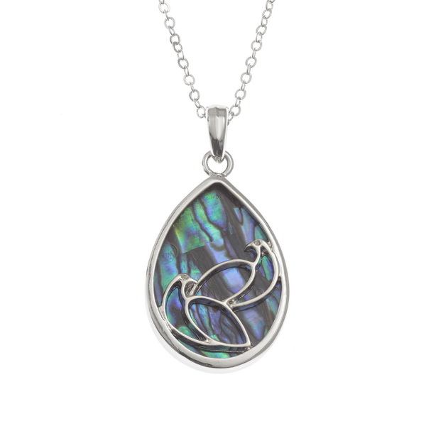Tide Jewellery inlaid Paua shell pair of doves pendant on 18" trace chain