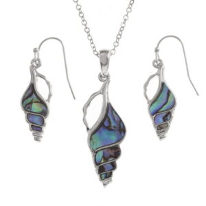 Tide Jewellery inlaid Paua shell seashell pendant on 18" trace chain and matching hook earring set