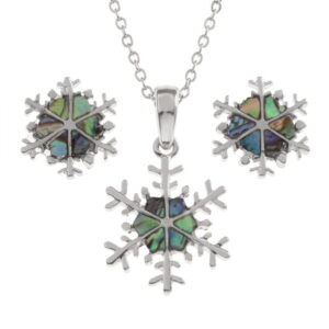 Tide Jewellery inlaid Paua shell snowflake pendant on 18" trace chain and matching stud earring set