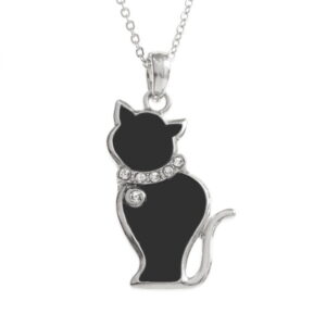 Tide Jewellery inlaid black enamel cat pendant with inset stones collar
