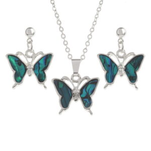 Tide Jewellery inlaid blue Paua shell butterfly pendant on 18" trace chain and matching drop stud earring set