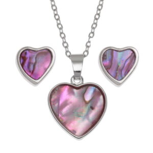 Tide Jewellery inlaid pink Paua shell Heart pendant, on 18" trace chain and matching stud earring set